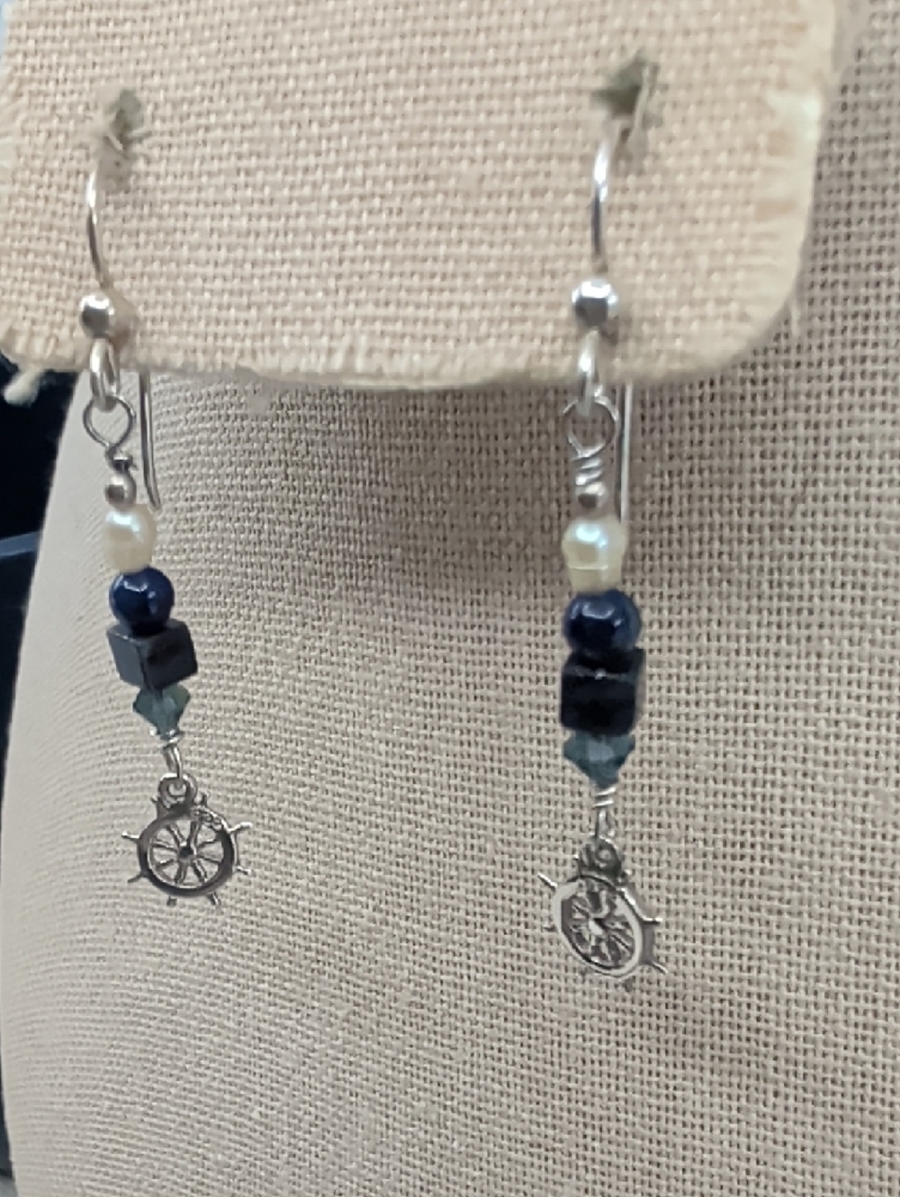 Sterling Silver Nautical Wheel Dangle Earrings with Navy and Pearl Beads - Picture 15 of 17